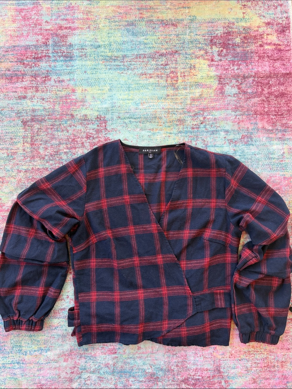 Parisian Works Navy & Red Plaid Wrap-Style Blazer